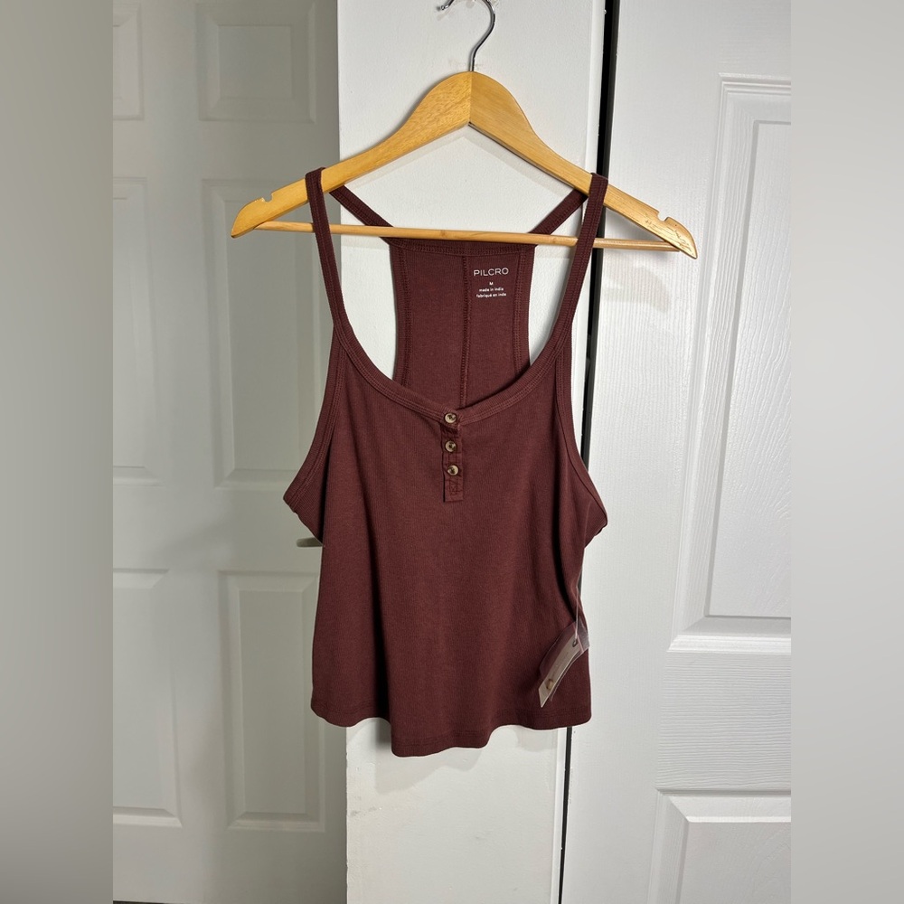 Pilcro Anthropologie Ribbed Sleeveless Henley Top-Brown-Medium-NWT